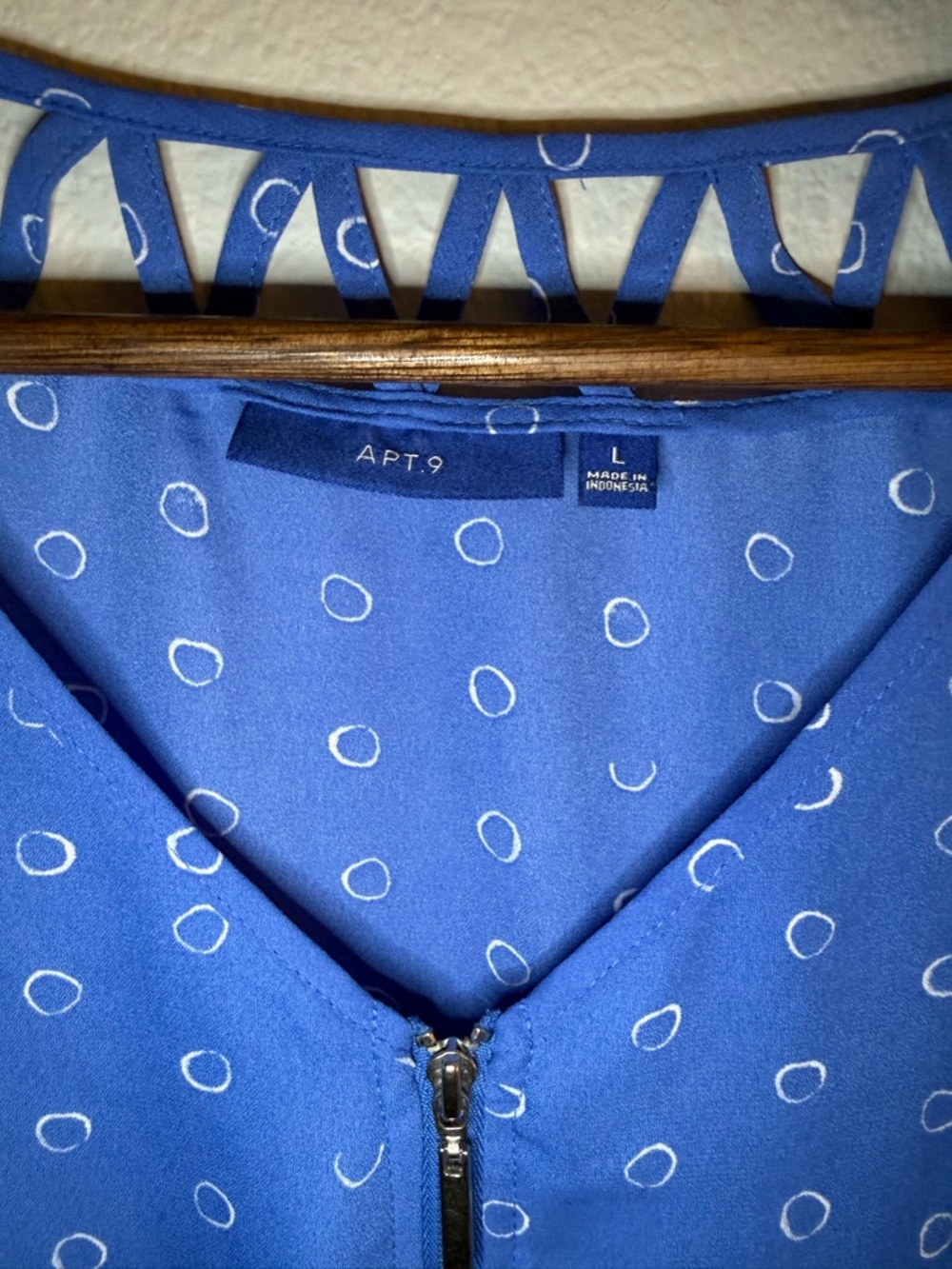 Apt. 9 Royal Blue Short Sleeve Zip-Front Blouse with Dot Print - Picture 2 of 4